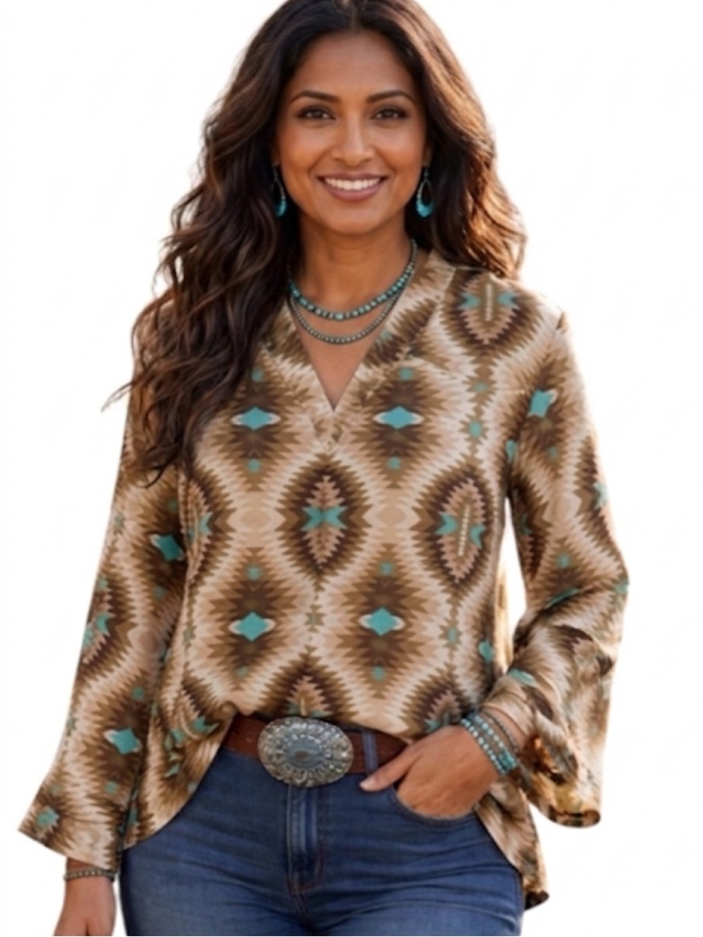 Tory Burch Aztec Geometric Pattern Shirt Western Southwestern V-neck Top 8
U